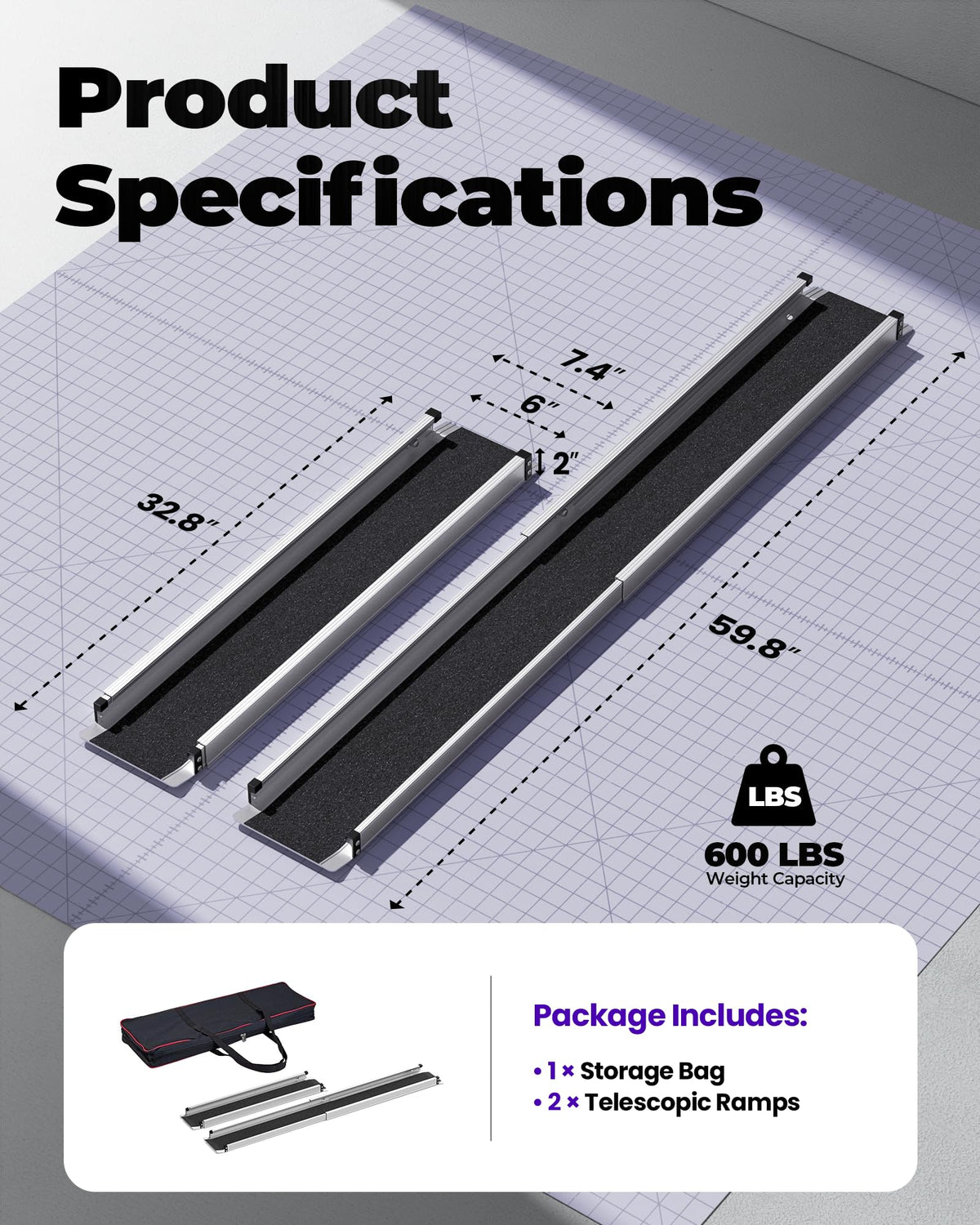6FT Telescoping Aluminum Portable Wheelchair Ramp with Bag, 600LBS