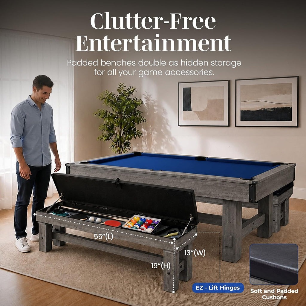 Hathaway Logan 7-ft Pool Table Combo Set with Benches - Rustic Gray with Blue Felt, Barnwood