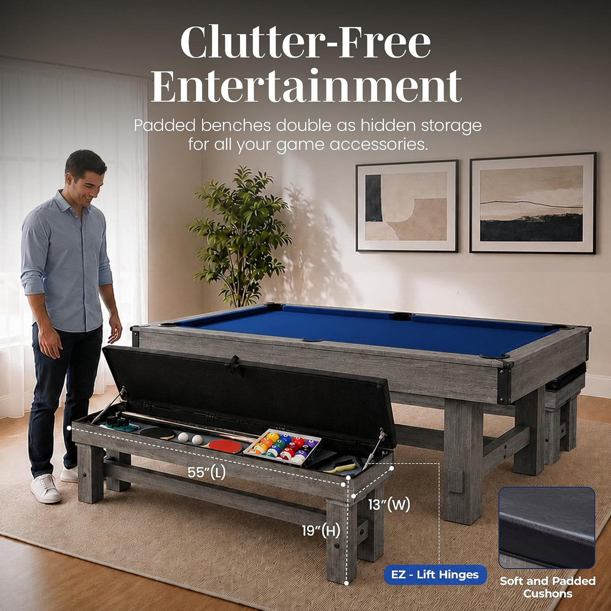 Hathaway Logan 7-ft Pool Table Combo Set with Benches - Rustic Gray with Blue Felt, Barnwood