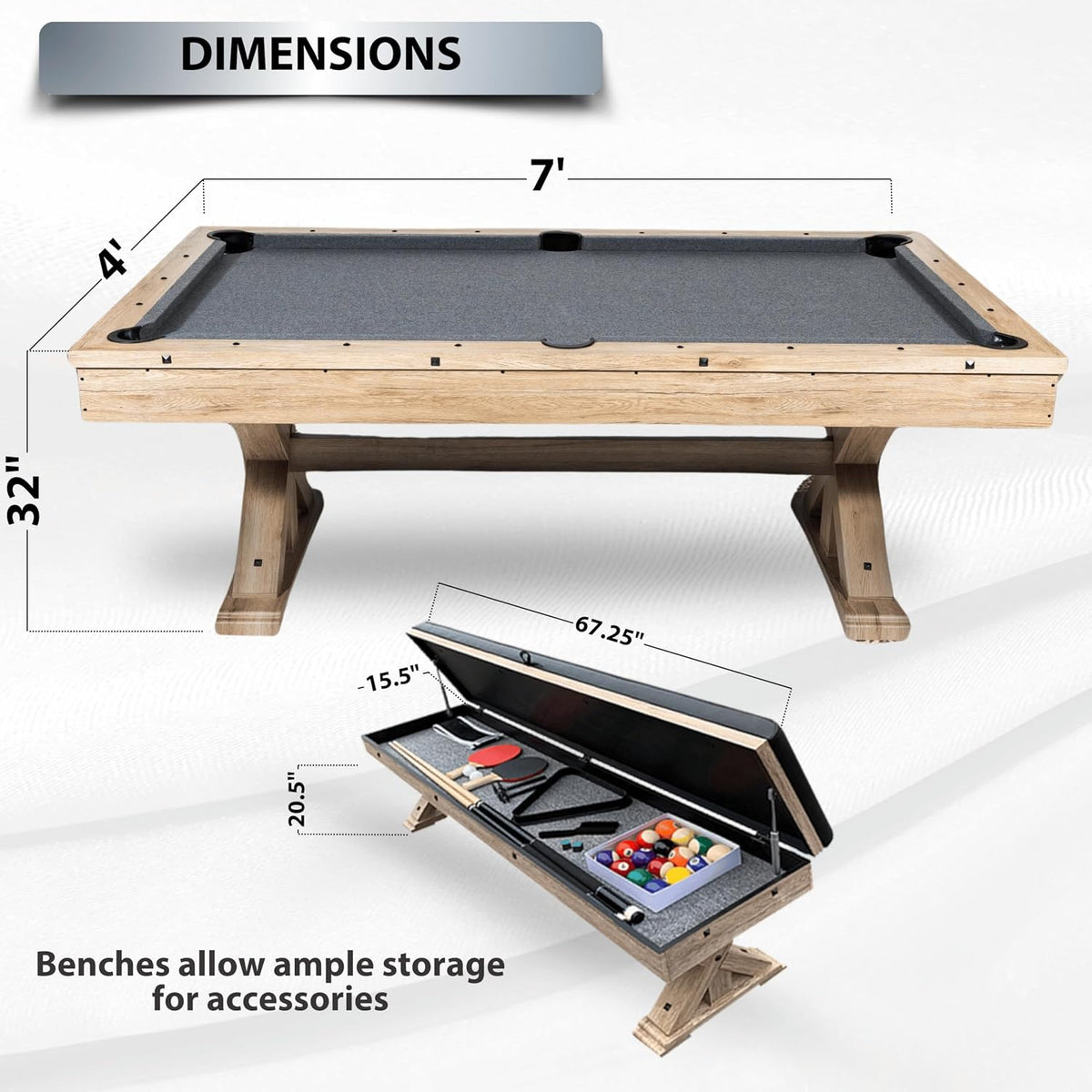 7-Foot 3-in-1 Multi-Game Pool Table, Table Tennis, Dining Top, with Benches
