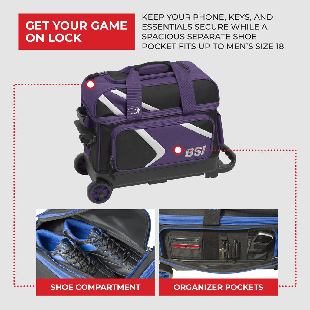 BSI Dash Roller Bowling Bag with Smooth Rolling Wheels, Padded Ball Compartment, Retractable Locking Handle, & Shoe Pocket