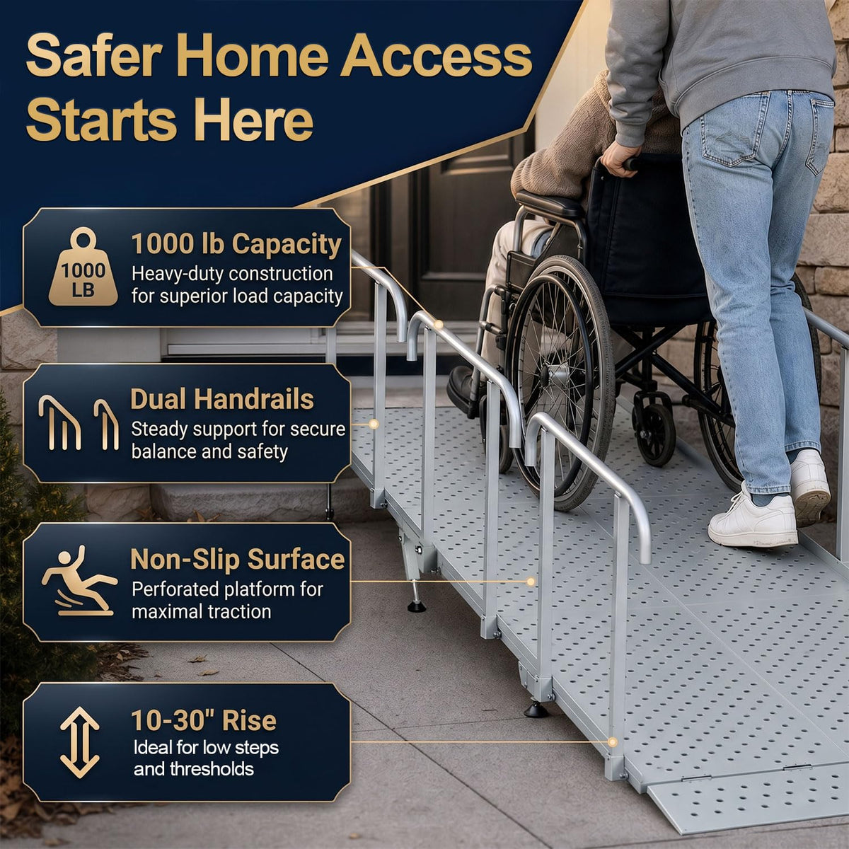 RDCMKL Wheelchair Ramp with Handrails, 3-10" Rise, Non-Slip, Carbon Steel