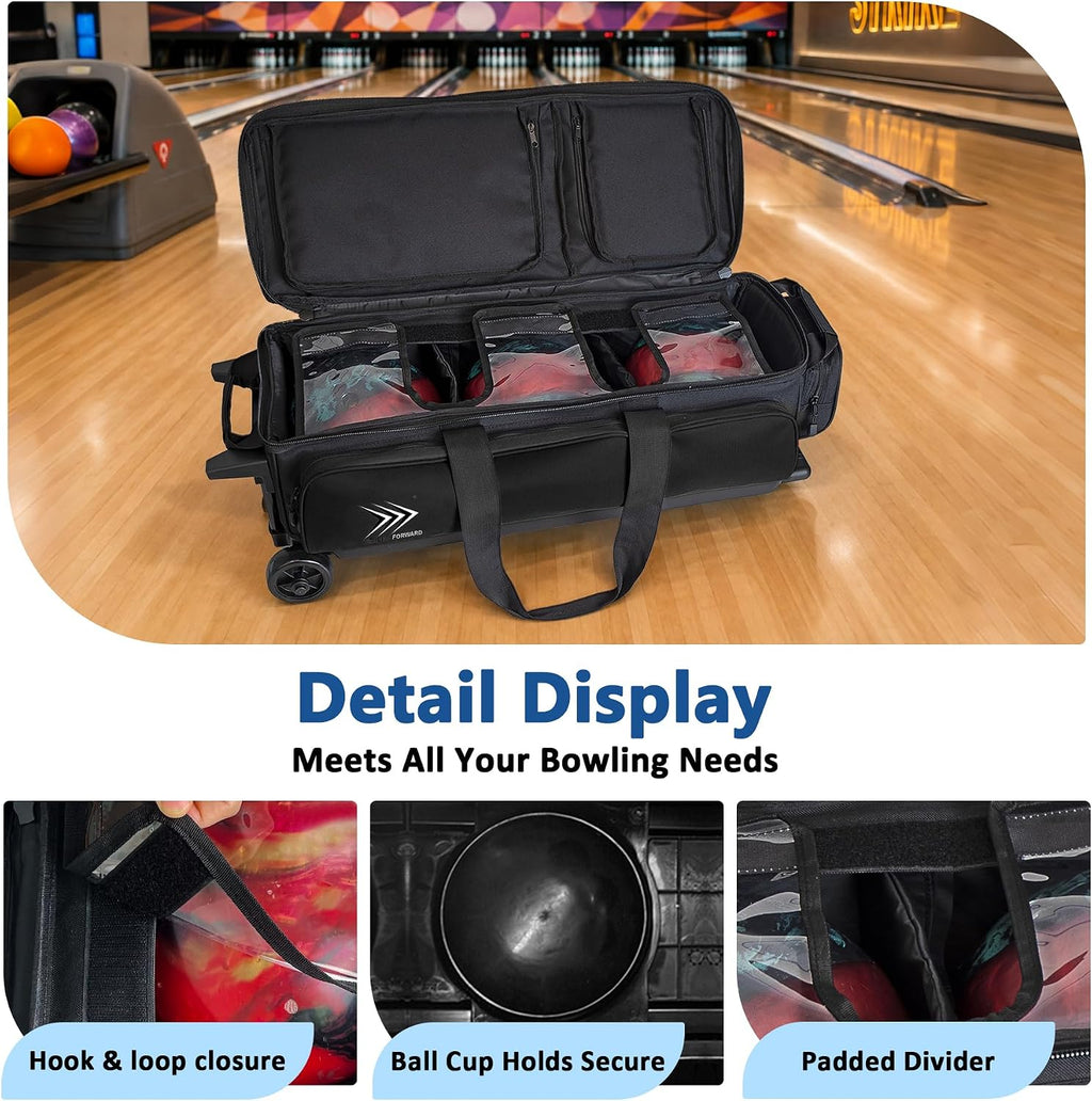 WF 3 Ball Roller Bowling Bag with Wheels & Separate Shoes Pocket