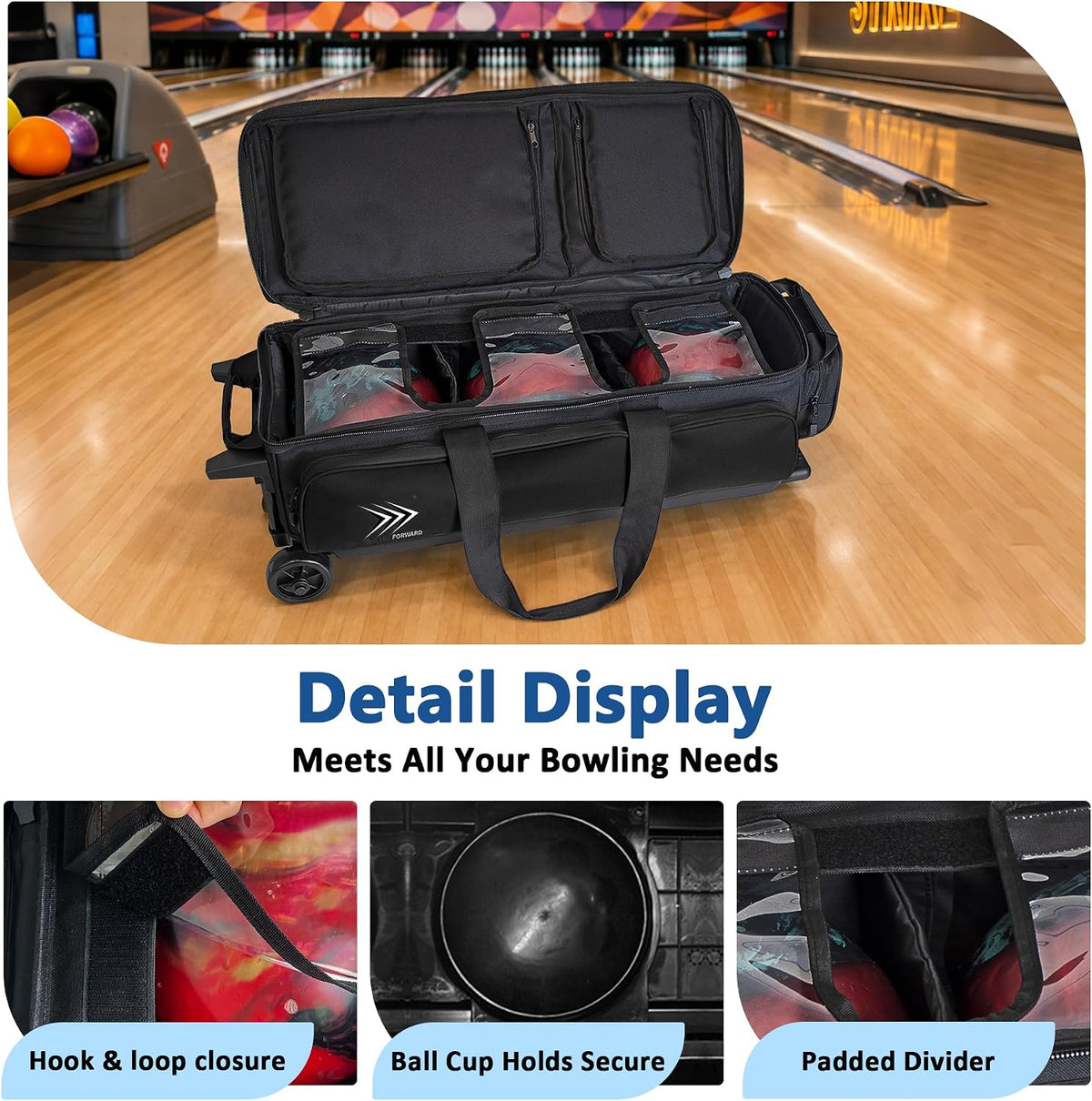 WF 3 Ball Roller Bowling Bag with Wheels & Separate Shoes Pocket