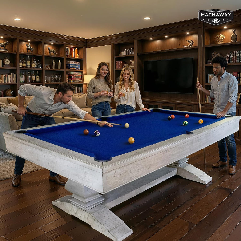 Hathaway Montecito 8ft Pool Table for Game Room â Billiard Table with Poly-Coated Non-Slate Playfield, Drop Pockets, Leg Levelers â Includes Cues, Pool Balls, Chalk, Triangle, Brush â Driftwood Finish