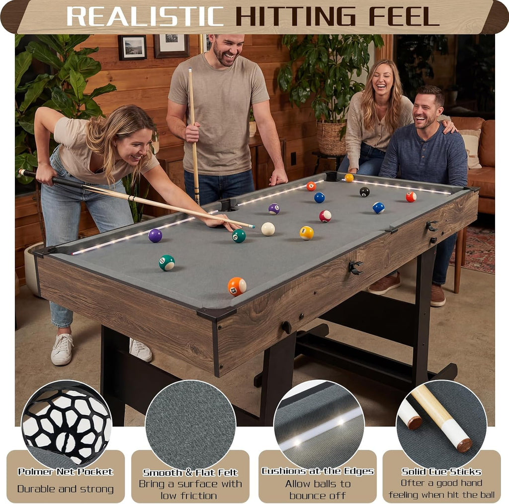 RAYKEEP 4.5FT Folding Pool Table with LED Lights, Portable Billiard Table with Built-in Cue & Ball Storage, Indoor Compact Game Table for Adults & Kids Home, Game Room, Includes Full Accessories