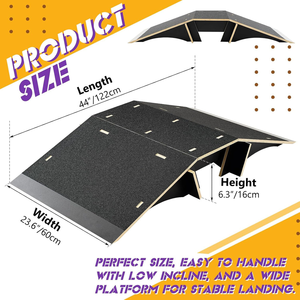 Weysat Skateboard Ramp Bike Ramp 44 Inches Solid Wood with Anti Slip Surface Skate Accessories Durable Designed for Beginners Gifts for Youngster