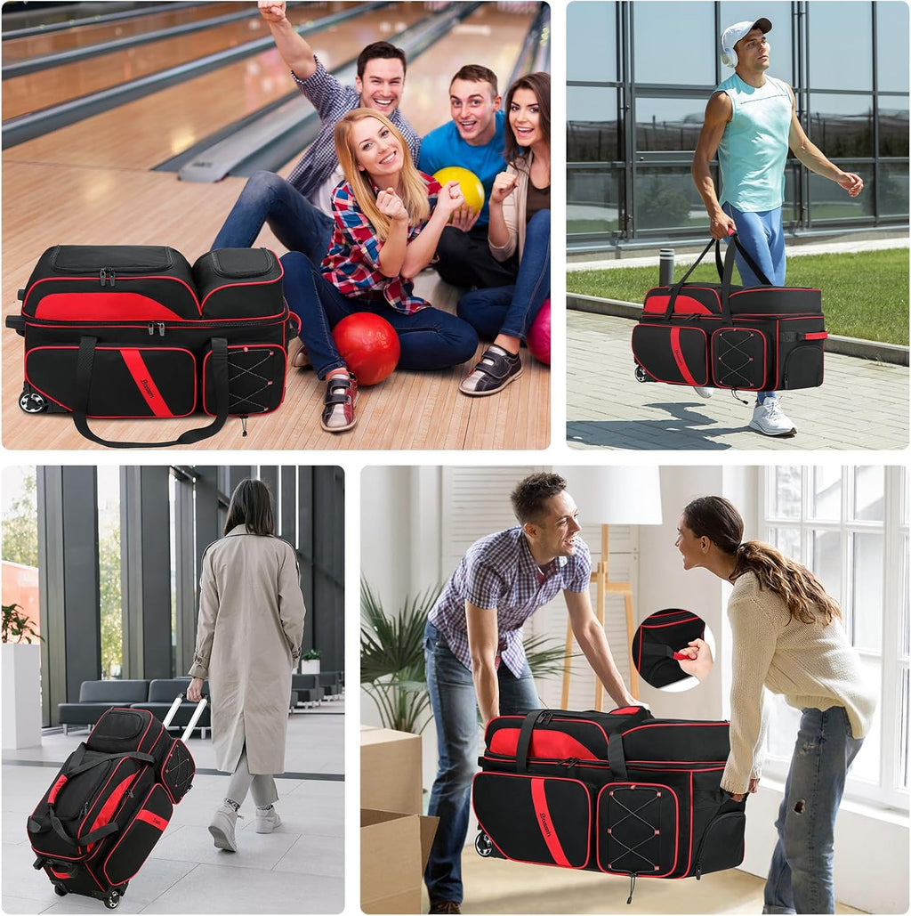 BOSSTIN 3 Ball Bowling Bags with Wheels, Secure Adhesive Fixed Ball Cup & Shoe Compartment, Bowling Ball Bag 3 Ball Roller with Multi-Pockets