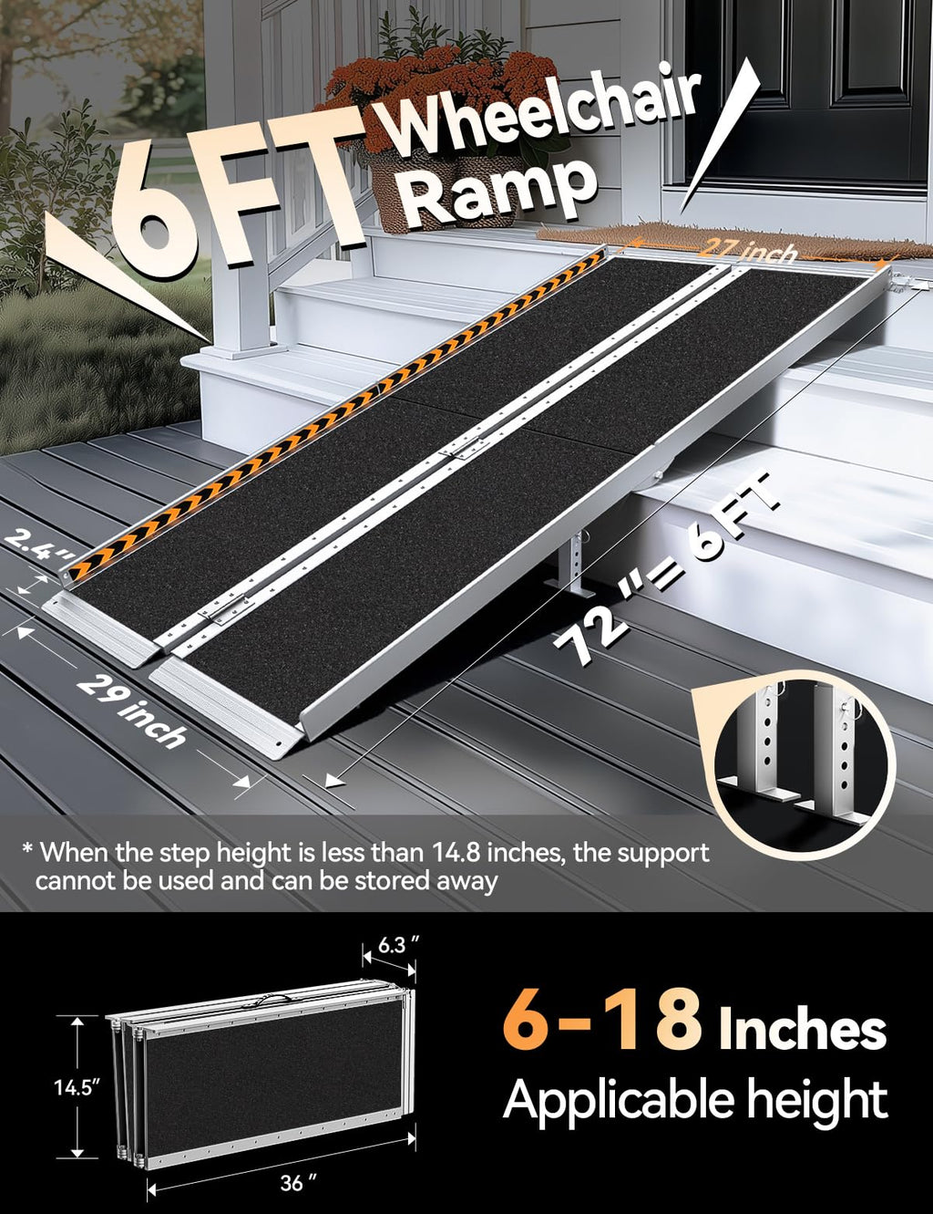 FACHNUO Black Aluminum 3FT Wheelchair Ramp, All-Weather Use, Easy to Clean