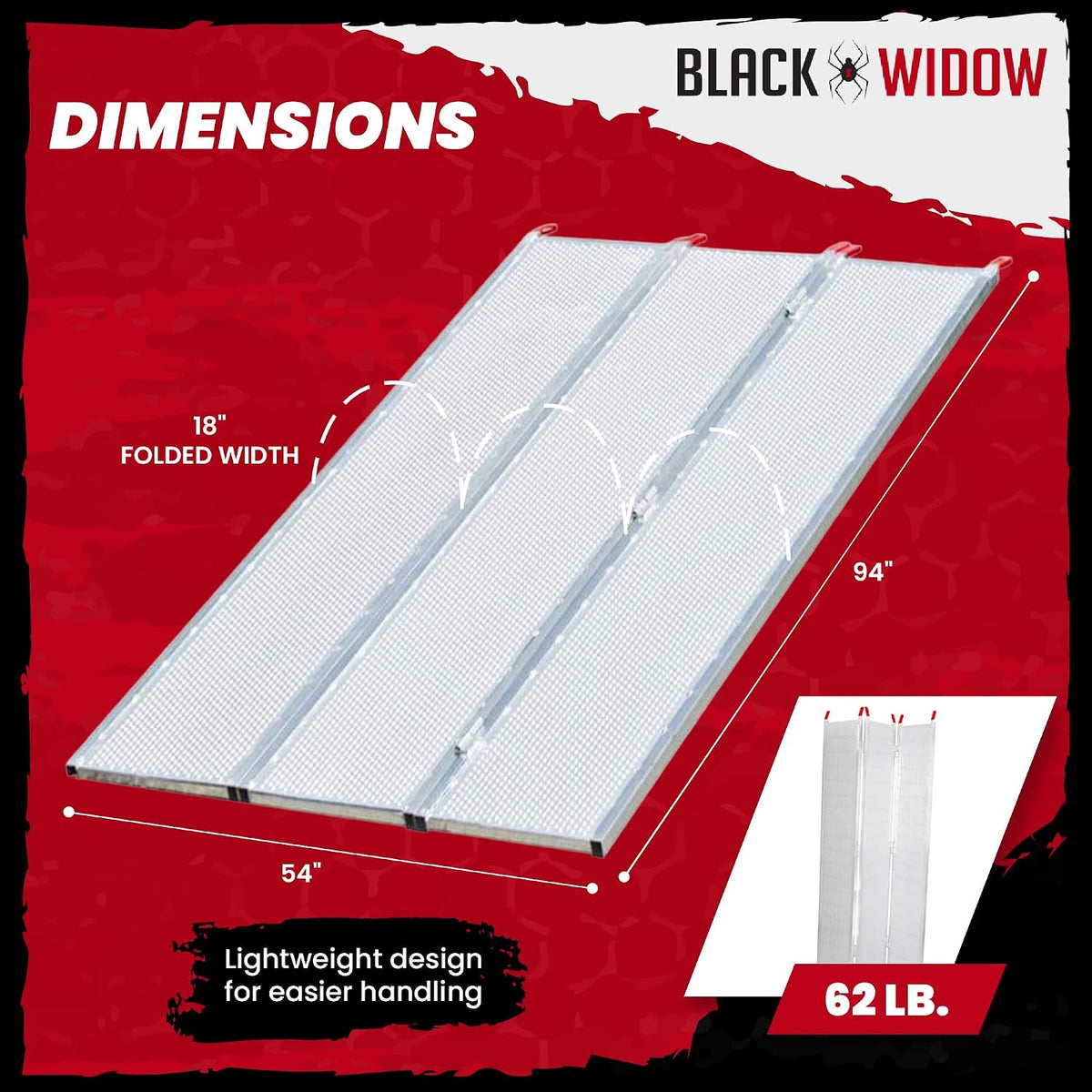 Black Widow Extra Wide Punch Plate Aluminum Folding ATV Ramp, 1,500 Pound Capacity, 7' 10", Silver - Heavy Duty Truck Loading Ramp Accessories