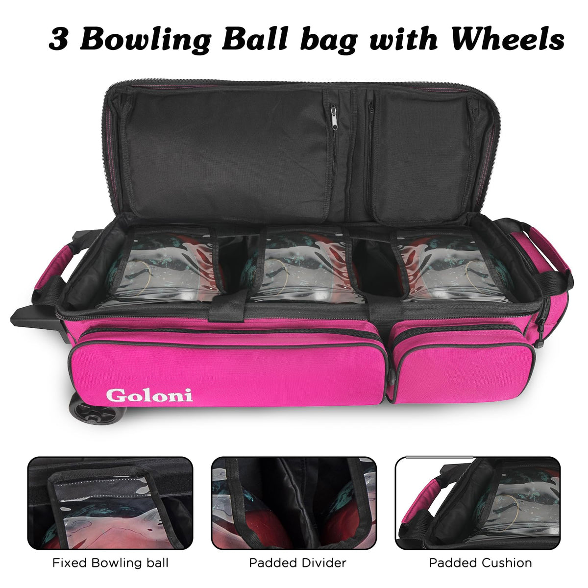 Goloni 3 Ball Bowling Bags with Wheels,Rolling Bowling Ball Bag for 3 Bowling Balls & Bowling Accessories -Retractable Handle Extends to 38"