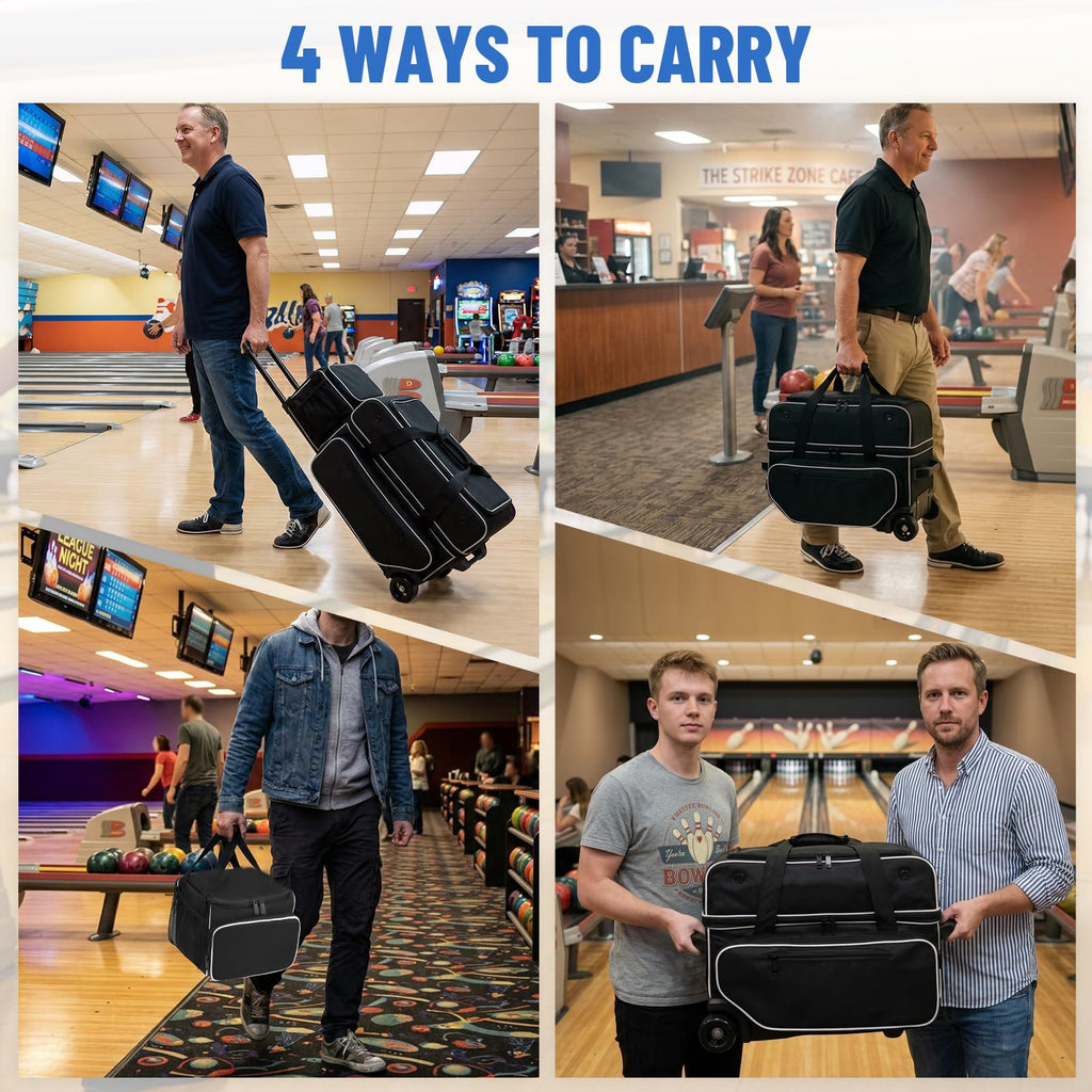 3 Ball Bowling Bag with Wheels,Bowling Bag 2 Ball Roller +1 Ball Tote,Large Sturdy Wheels,Dry & Wet Separation Shoe Compartment,1680D Waterproof Oxford,Retractable Handle,Includes Bowling Ball Towel