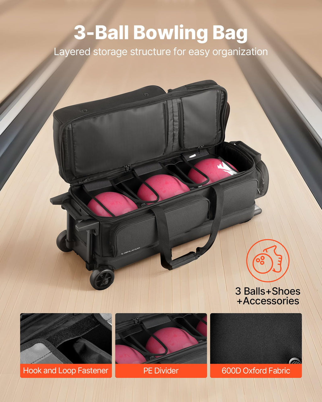 VEVOR Bowling Ball Bag, 3 Ball Double Roller Bowling Bag with Wheels, Featuring a Separate Compartment for Shoes (Up To US Size 16) & Oversized Accessory Pocket, Retractable Handle Extends to 41.34 in