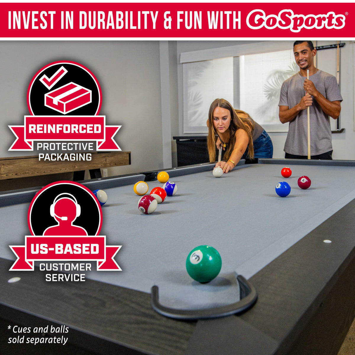 GoSports 7 and 8 ft Pool Tables with Wood Finish - Gray, Black, or Green Felt - Accessories Not Included
