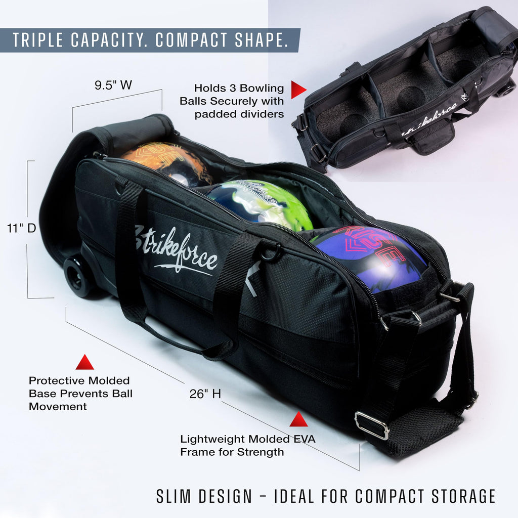 KR Strikeforce Fast Slim Triple Tote Bowling Bags with Wheels - Fits 3 Bowling Balls - Lightweight and Designed for Airline Travels