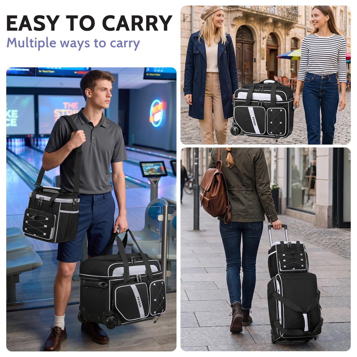 3-4 Ball Bowling Bag with Wheels, Bowling Roller with Add-on Tote Set