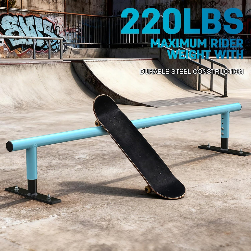 AUH Skateboard Ramp Grind Rail 55 inch Round Skate Rail for for Scooters, Skateboards & Inline Skates, Adjustable Height, Blue
