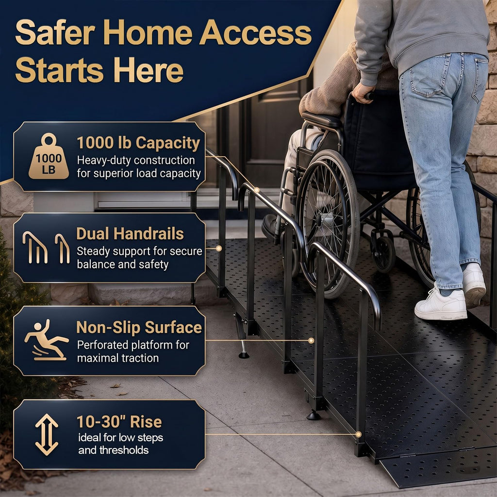 RDCMKL Wheelchair Ramp with Handrails, 3-10" Rise, Non-Slip, Carbon Steel