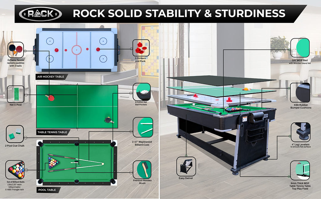 RACK Triad 7-Foot 3-in-1 Multi-Game Swivel Table - Billiards/Pool, Table Tennis & Air Hockey
