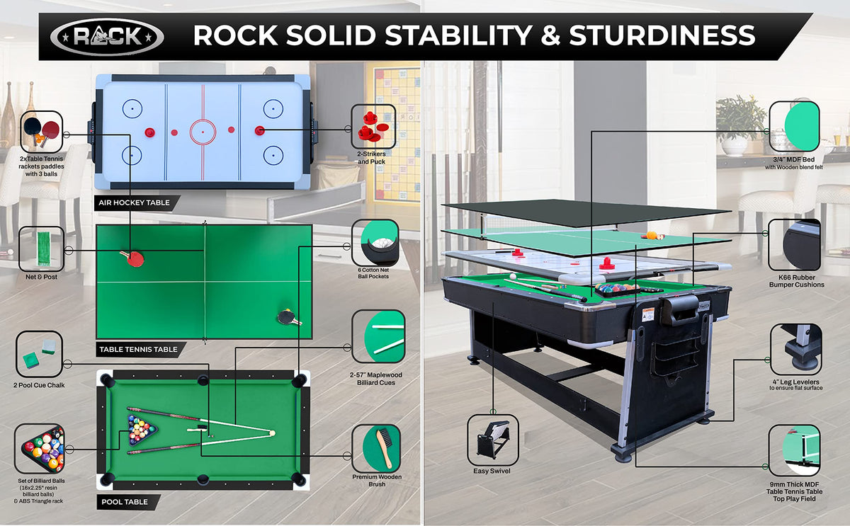RACK Triad 7-Foot 3-in-1 Multi-Game Swivel Table - Billiards/Pool, Table Tennis & Air Hockey