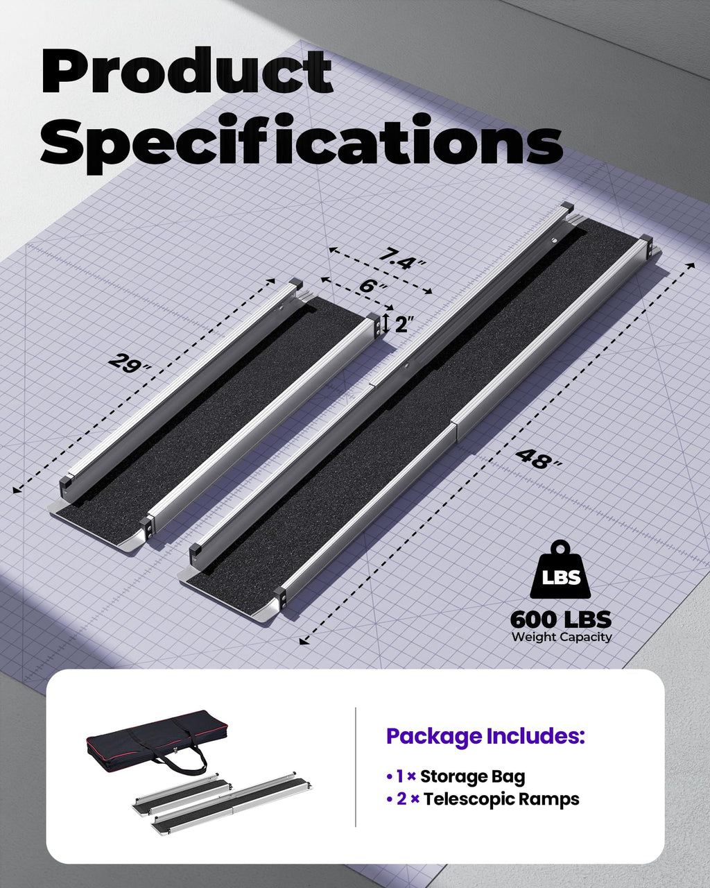 6FT Telescoping Aluminum Portable Wheelchair Ramp with Bag, 600LBS