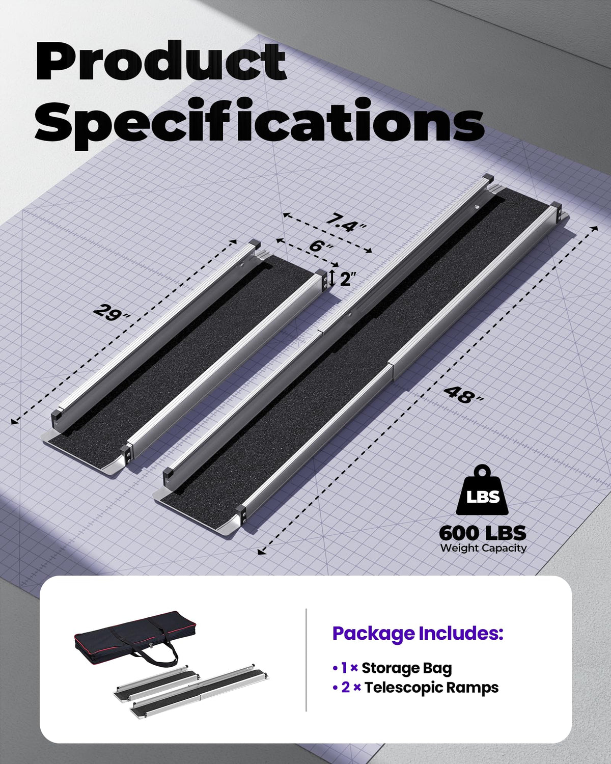 6FT Telescoping Aluminum Portable Wheelchair Ramp with Bag, 600LBS
