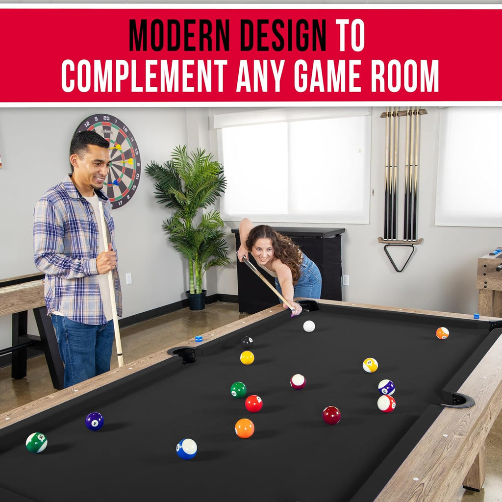GoSports 8 ft Pool Tables with Wood Finish - Choose Your Style - Modern Billiards Table with 2 Cue Sticks, Balls, Rack, Felt Brush and Chalk