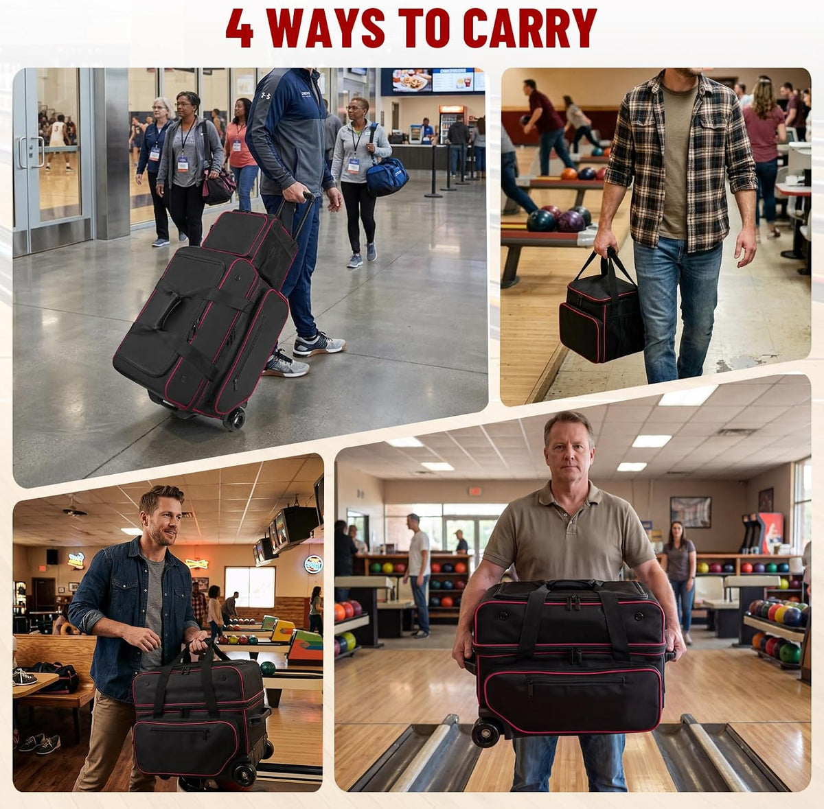 3 Ball Bowling Bag with Wheels,Bowling Bag 2 Ball Roller +1 Ball Tote,Large Sturdy Wheels,Dry & Wet Separation Shoe Compartment,1680D Waterproof Oxford,Retractable Handle,Includes Bowling Ball Towel