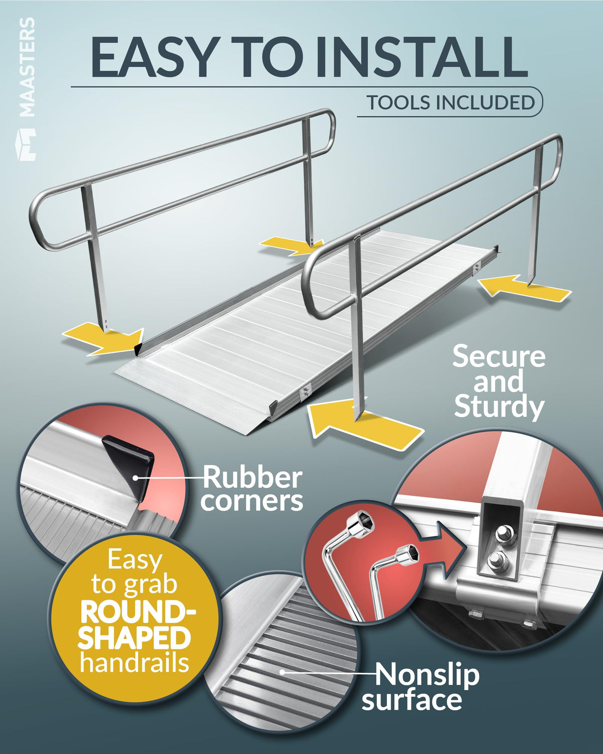 MAASTERS Ramp with Handrails 8 FT, Loading Capacity 850 lbs, ADA Compliant