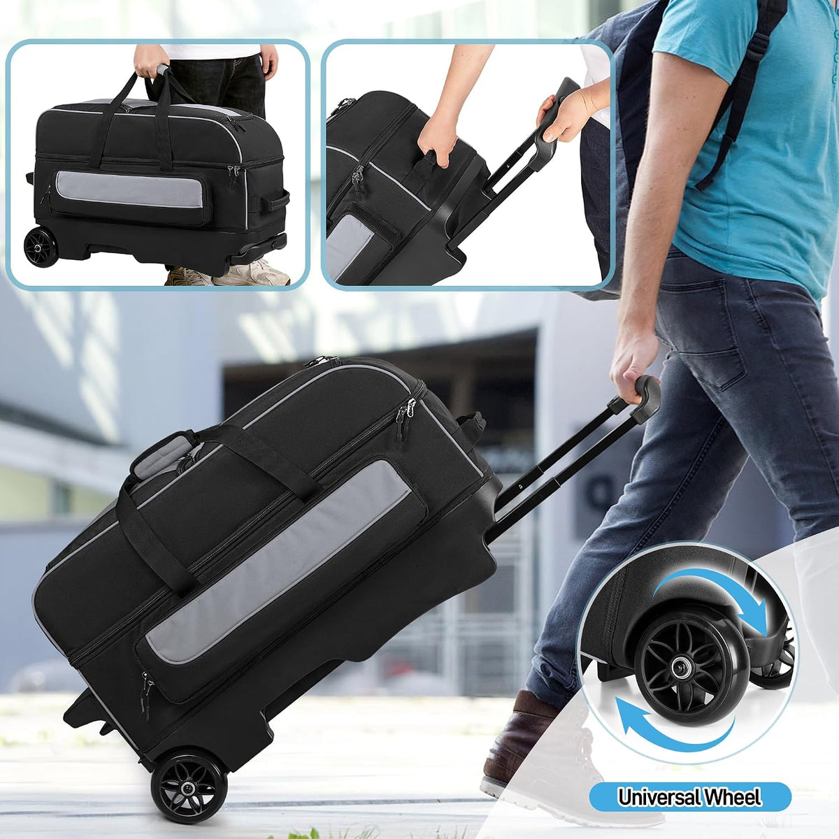 GOBUROS 3 Ball Roller Bowling Bag with Large Wheels and Shoes Compartment