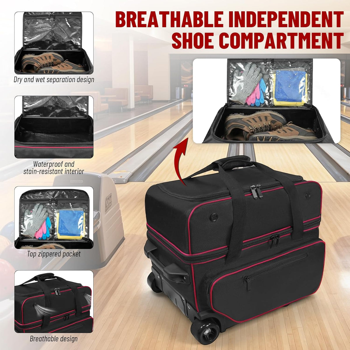 3 Ball Bowling Bag with Wheels,Bowling Bag 2 Ball Roller +1 Ball Tote,Large Sturdy Wheels,Dry & Wet Separation Shoe Compartment,1680D Waterproof Oxford,Retractable Handle,Includes Bowling Ball Towel