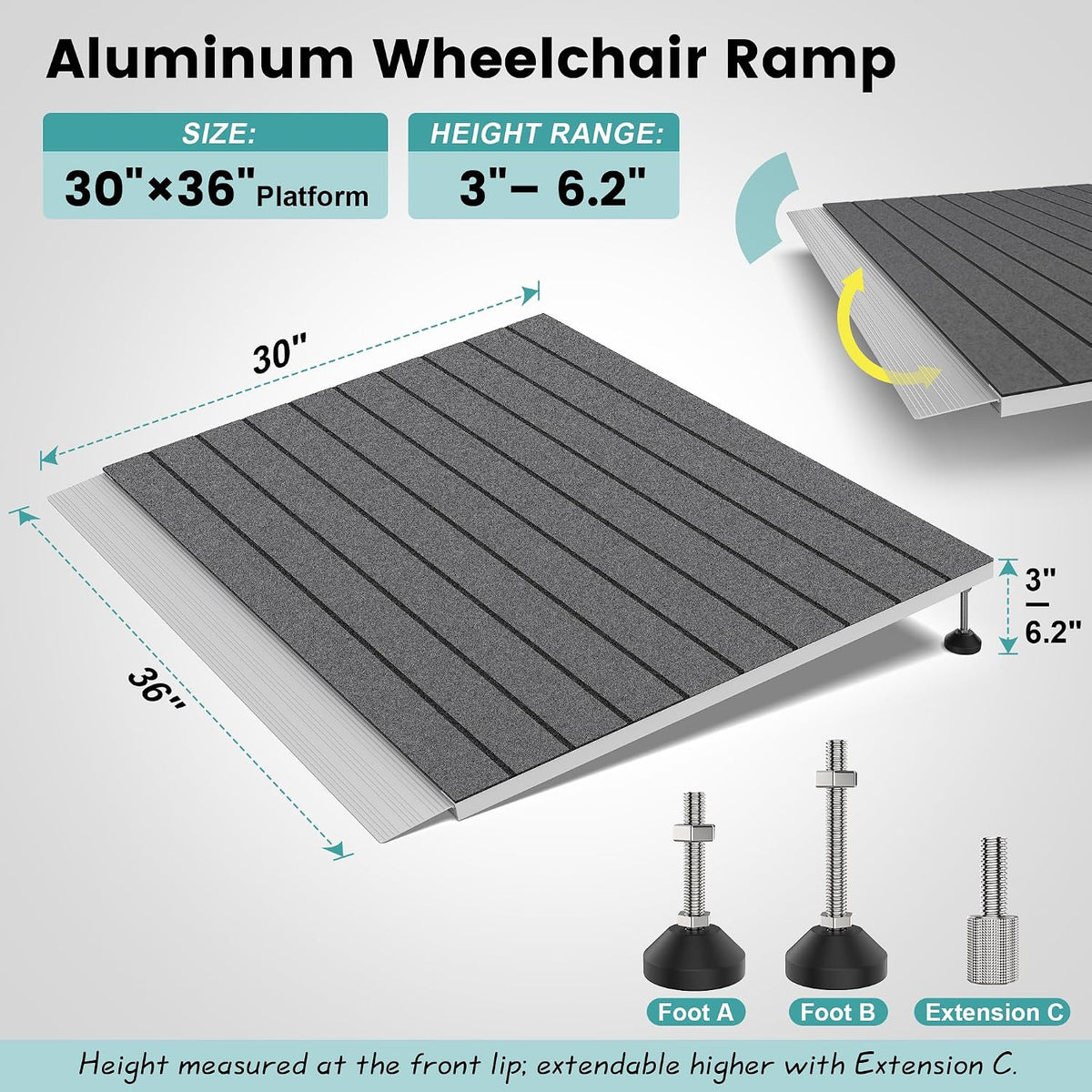 Adjustable Threshold Ramp for Doorways, 30"x 36", 3-6.2 in Height