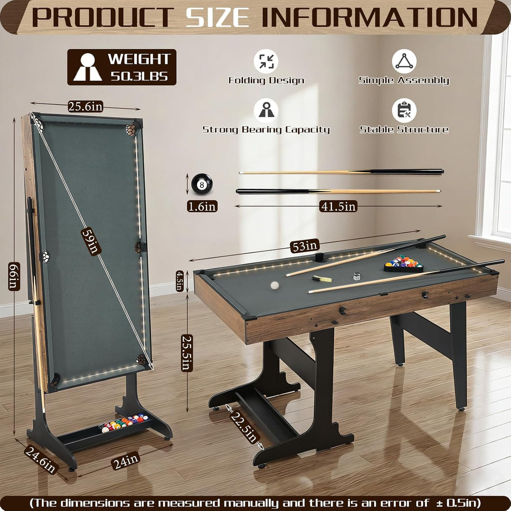 RAYKEEP 4.5FT Folding Pool Table with LED Lights, Portable Billiard Table with Built-in Cue & Ball Storage, Indoor Compact Game Table for Adults & Kids Home, Game Room, Includes Full Accessories