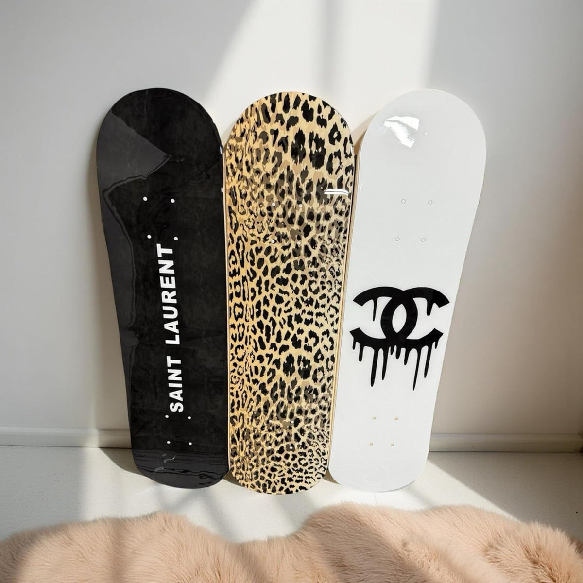 BDTrims 3 Pack Designer-Influenced Pop Art Skateboard Deck Set, Black White and Leopard Print, Premium 7-Ply Maple, Wall Decor, Customization Available
