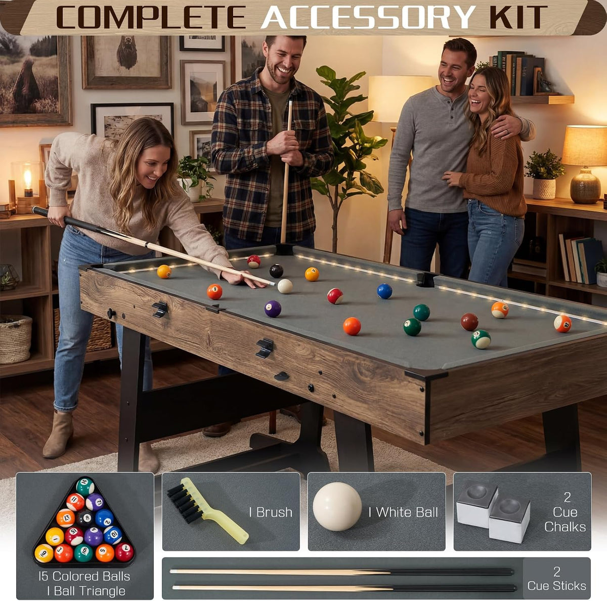 RAYKEEP 4.5FT Folding Pool Table with LED Lights, Portable Billiard Table with Built-in Cue & Ball Storage, Indoor Compact Game Table for Adults & Kids Home, Game Room, Includes Full Accessories