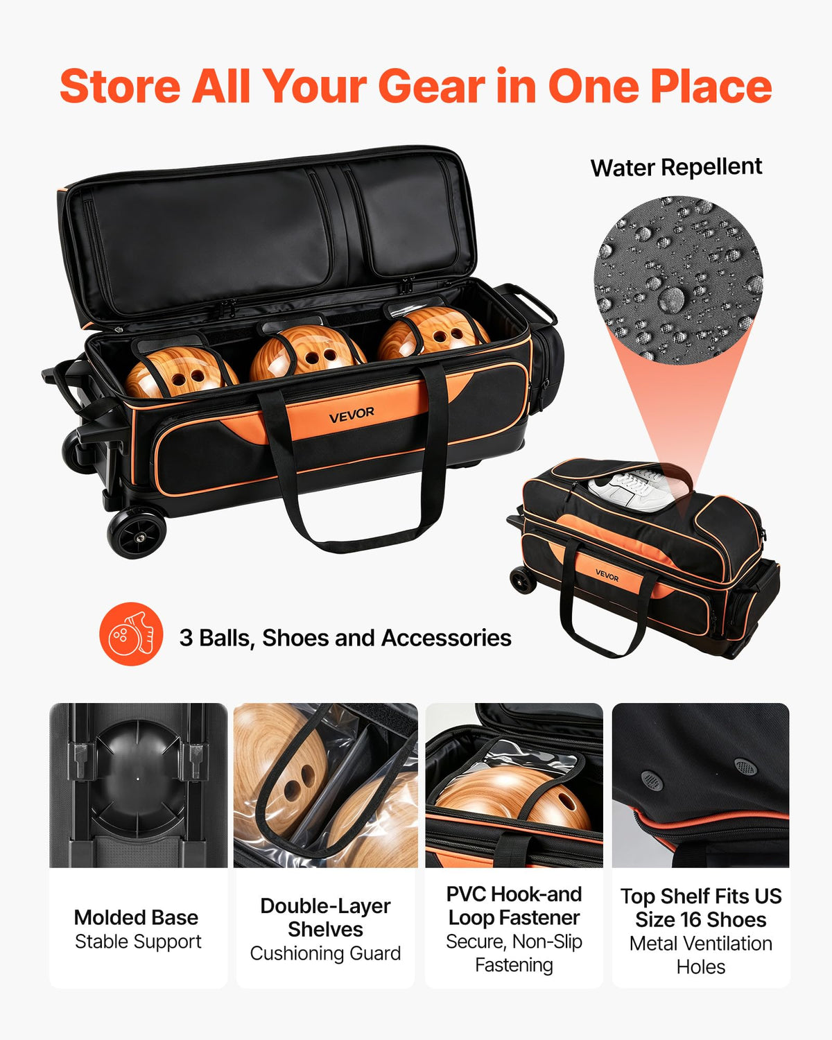 VEVOR 3 Ball Bowling Bag Double Roller Bag with Separate Shoe Compartment
