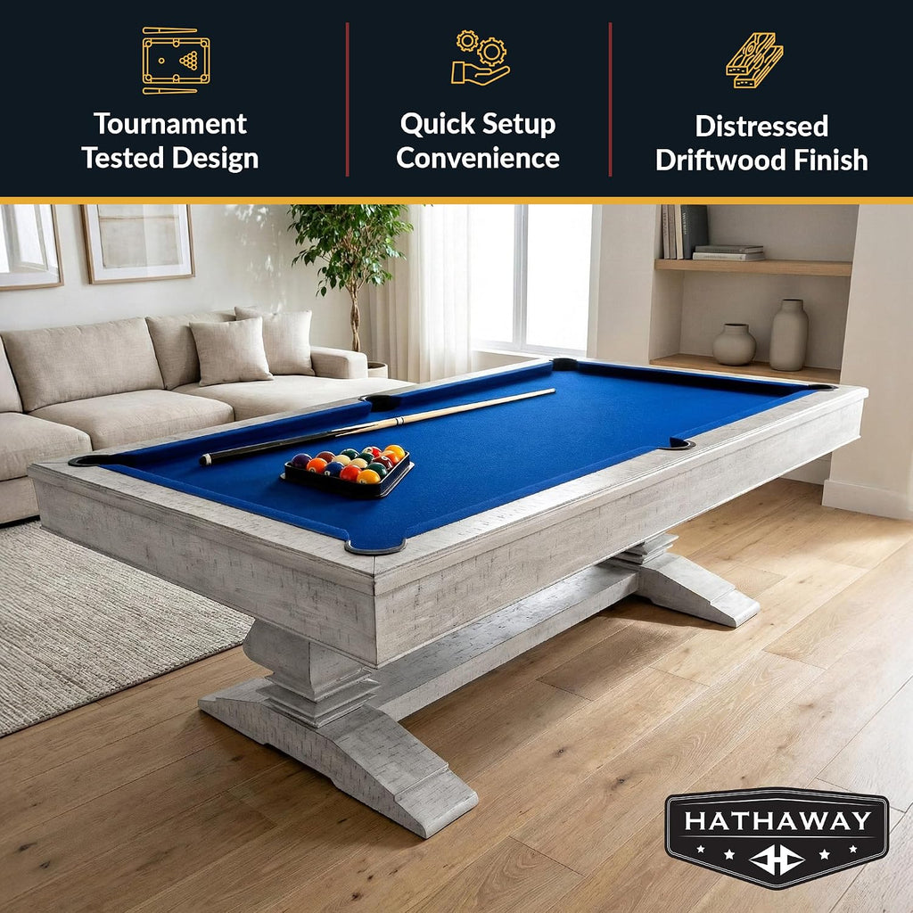 Hathaway Montecito 8ft Pool Table for Game Room â Billiard Table with Poly-Coated Non-Slate Playfield, Drop Pockets, Leg Levelers â Includes Cues, Pool Balls, Chalk, Triangle, Brush â Driftwood Finish
