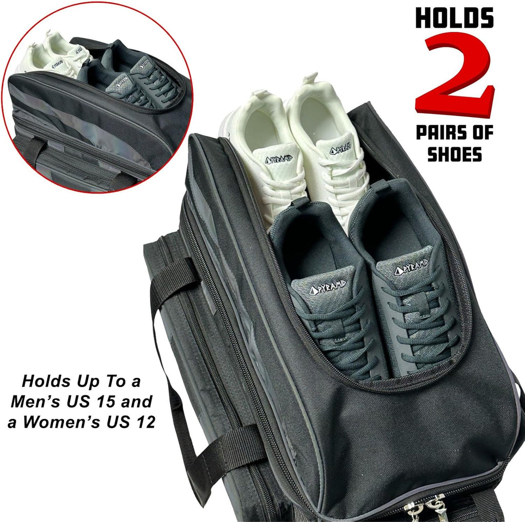 Pyramid Deluxe Double Roller 2 Ball Bowling Bag with Large Separate Shoe Compartment (Up To 2 Pairs Of Shoes) and Accessory Pockets, Sturdy Square Handle - Extends to 40" - Pro Options Available