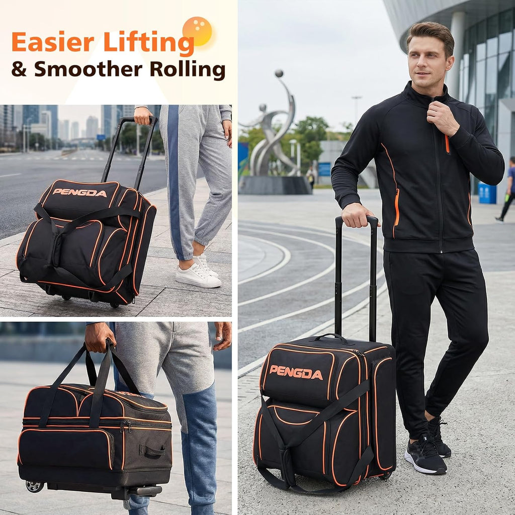 PENGDA 4 Ball Bowling Bag With Wheels, Integrated Single-Chamber 4-Ball System, 900D Reinforced Oxford Bowling Ball Bag, Telescopic Handle Roller Tote Storage Bag for Bowling Accessories and shoes