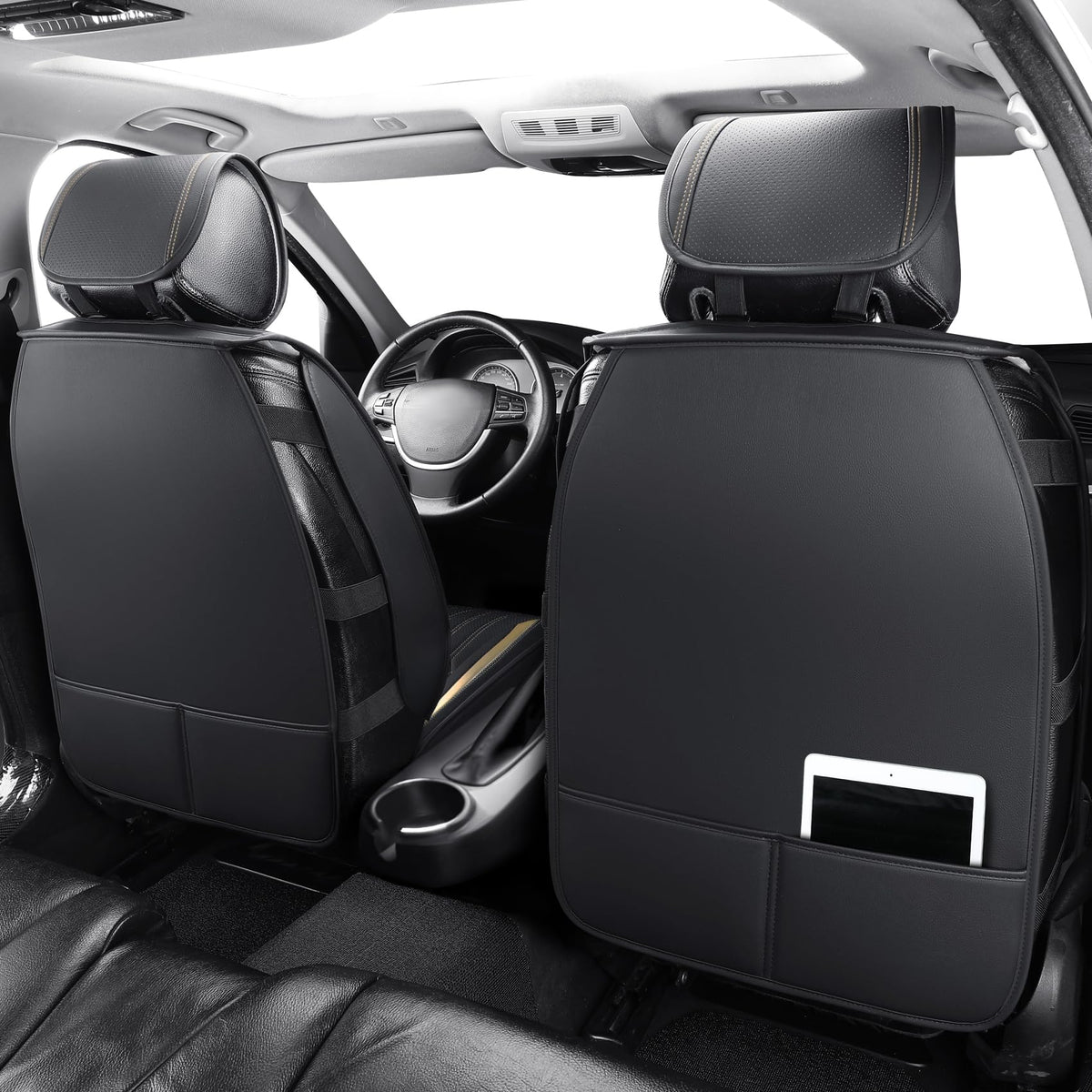 Tomatoman Car Seat Covers Compatible with Chevrolet Bolt EV EUV Faux Waterproof Leather Dustproof Safety Airbag Compatible(2PCS Front/Black Gold)