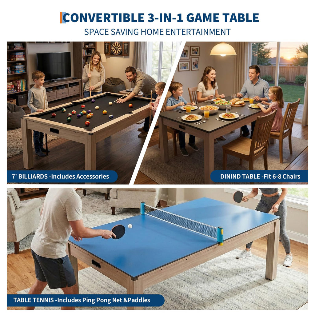 7 ft Pool Table Combo,3 in 1 Pool, Dining, & Table Tennis