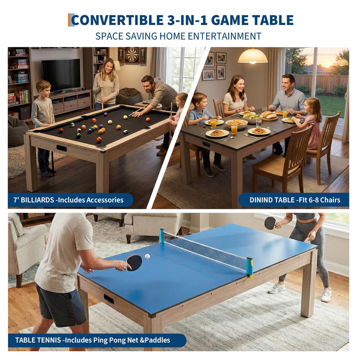 7 ft Pool Table Combo,3 in 1 Pool, Dining, & Table Tennis