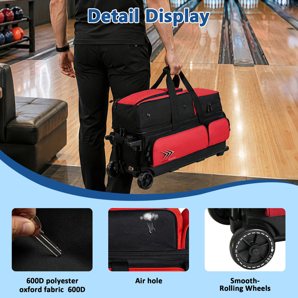 WF 3 Ball Roller Bowling Bag with Wheels & Separate Shoes Pocket