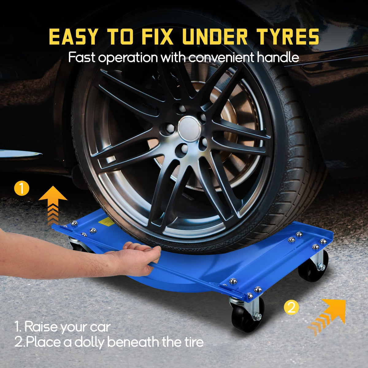 Heavy Duty Car Wheel Dolly Set â 4-Pack, 2500lbs Each (10,000lbs Total) â 24x15in Steel Curved Skates, Side Rails, Lockable Swivel Casters â for Cars, SUVs, Trucks, Motorcycles