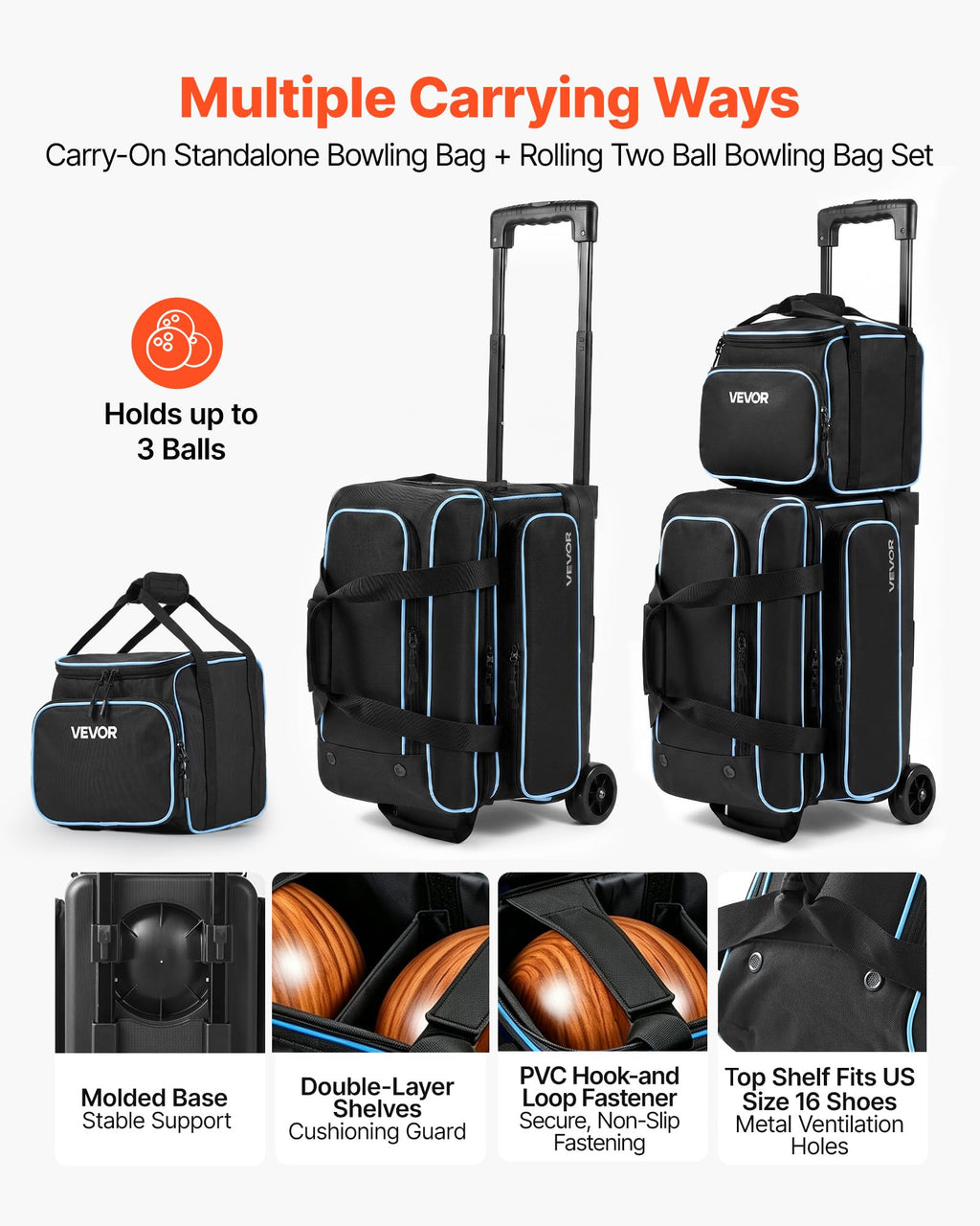 VEVOR 3 Ball Bowling Bag Double Roller Bag with Separate Shoe Compartment