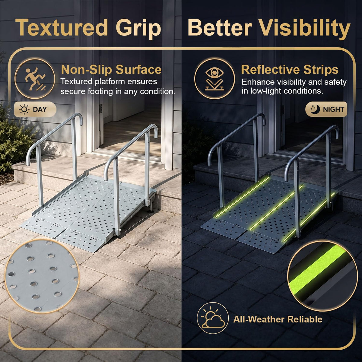 RDCMKL Wheelchair Ramp with Handrails, 3-10" Rise, Non-Slip, Carbon Steel