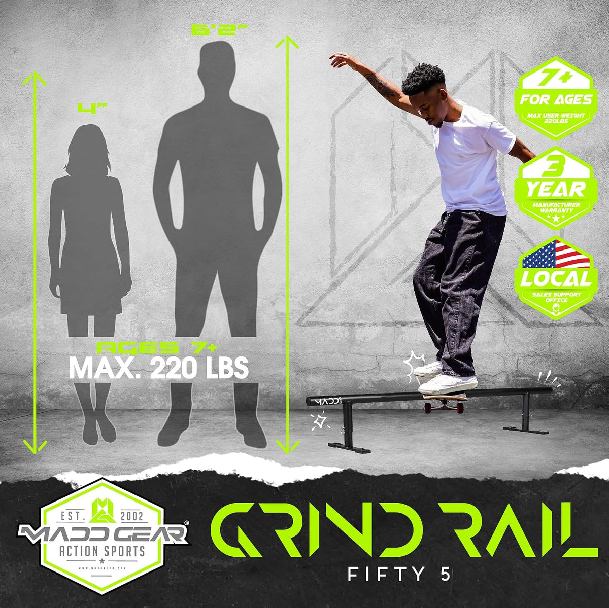 Madd Gear Round Grind Rail for Scooters, Skateboards, Inline Skates â 55" Long, 3-Step Adjustable Height â Durable Heavy-Duty Construction