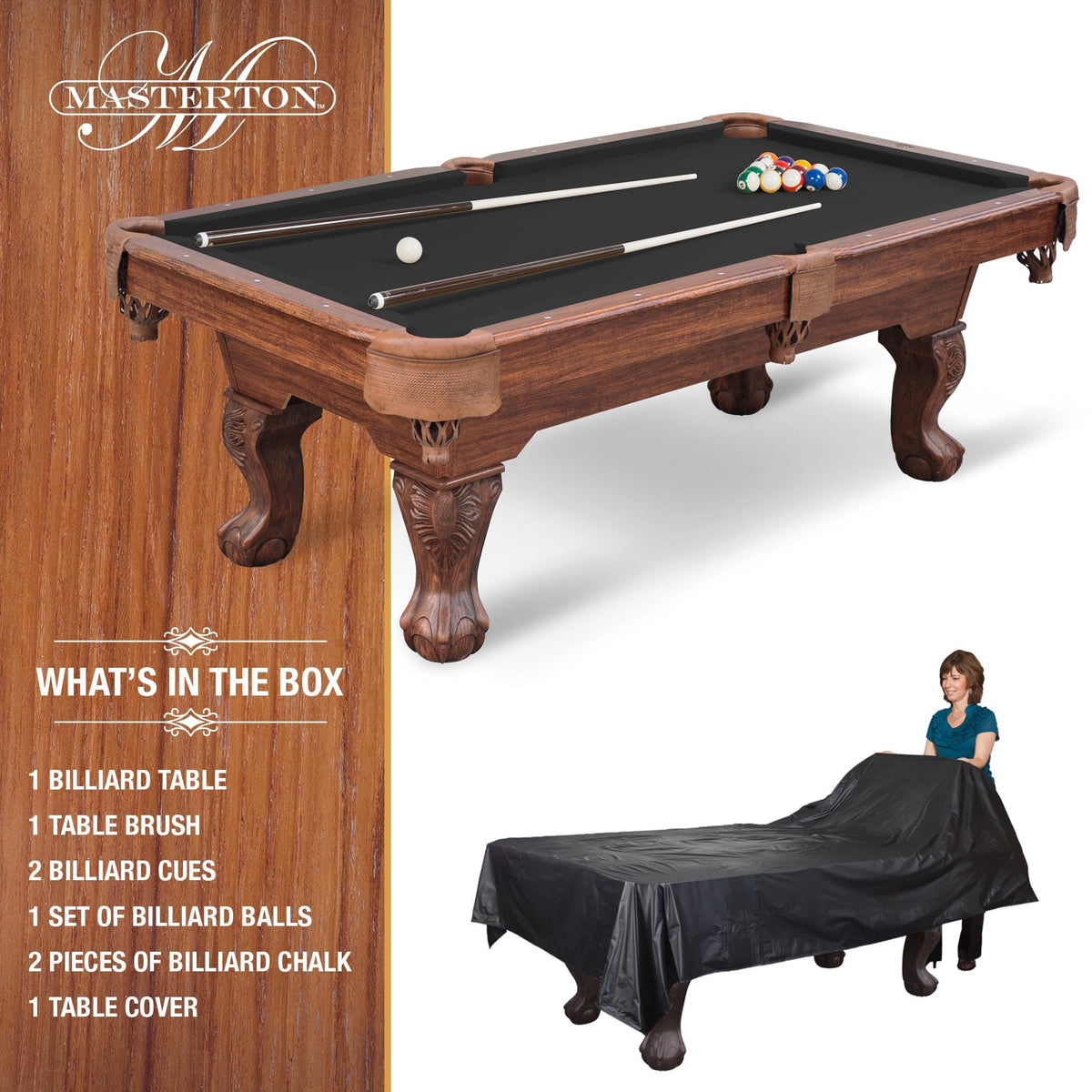 EastPoint Masterton 2.0 Pool Table, 2 Pool Cues, Balls, Chalk, Rack & Cover