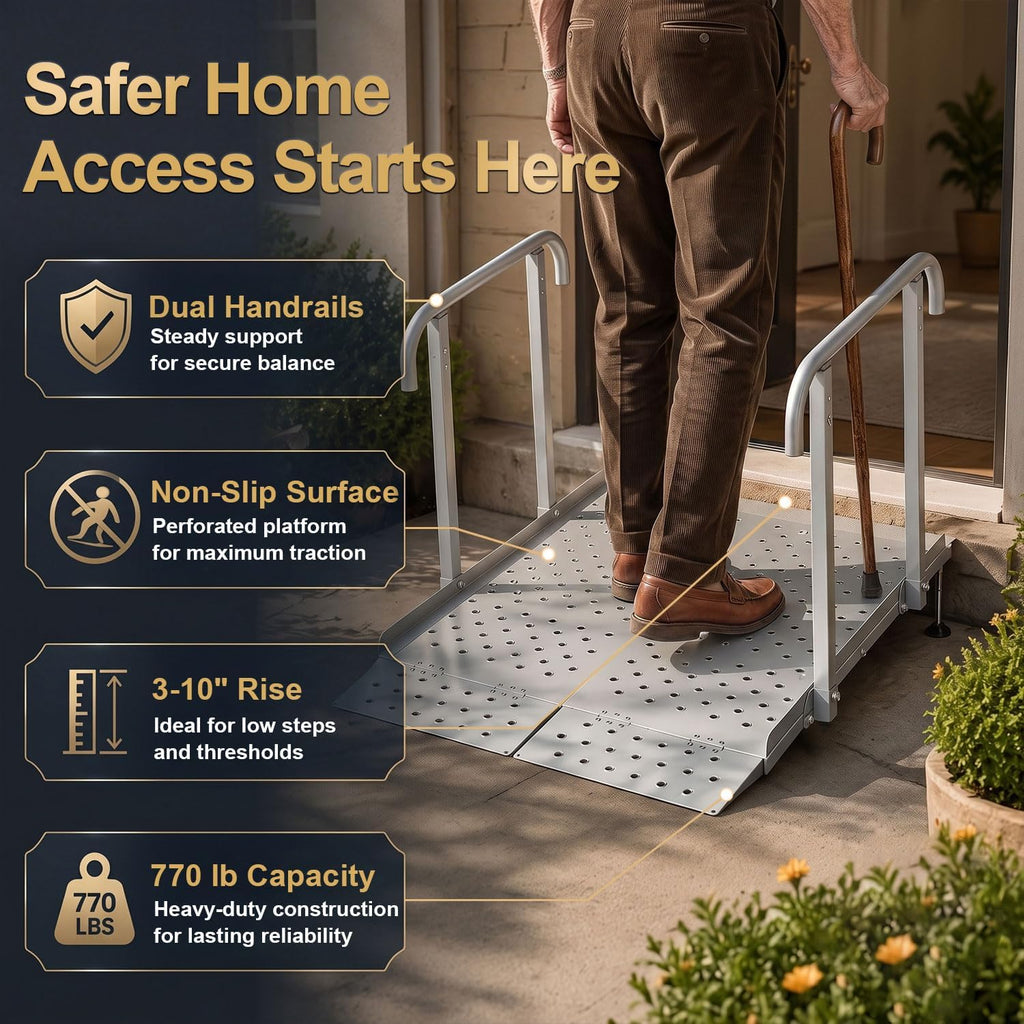 RDCMKL Wheelchair Ramp with Handrails, 3-10" Rise, Non-Slip, Carbon Steel