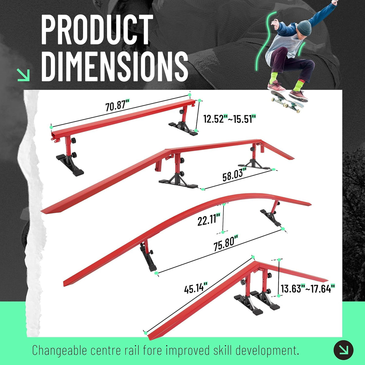 Ultimate Skateboard Rail Grindrail Kit - Modular Adjustable Grind Ramp Multi-Sport Rail for Skate, BMX Bike, Roller, Snowboard, Scooter, Rainbow Flat Incline Rail